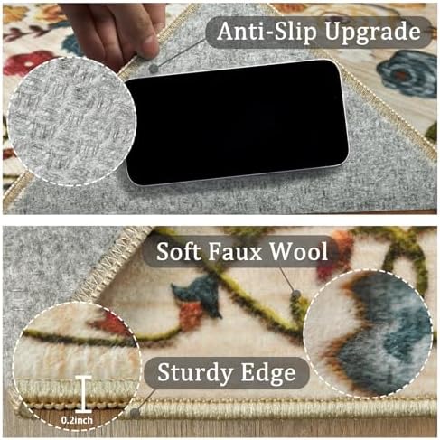 Washable 8x10 Area Rug, Beige Boho Floral Non-Slip for Living Room, Bedroom