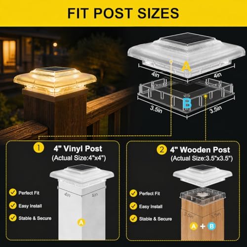 T-SUN 4x4 Solar Post Lights, 6 Pack Warm & Cool White for Post with Stairs