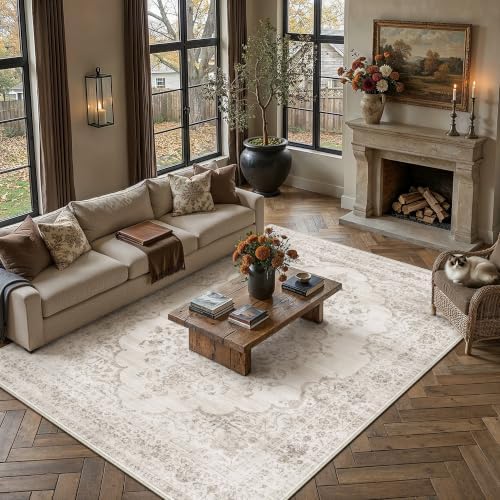 8x10 Taupe Washable Neutral Area Rug Living Room