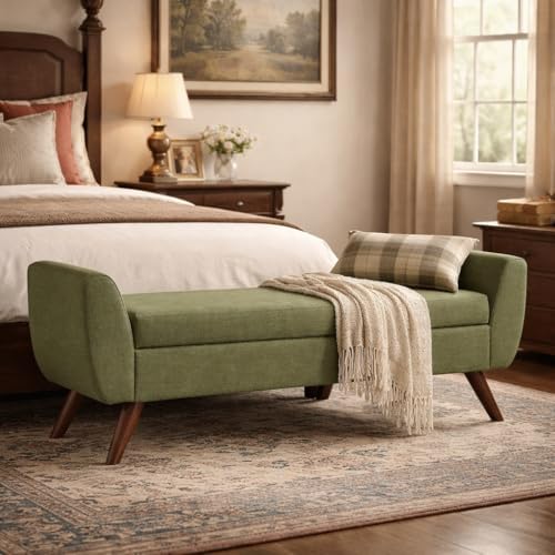 HomePop 60" Modern Storage Bench with Wood Legs - Olive Green Woven