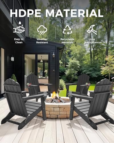 Folding Adirondack Chair, All-Weather HDPE Plastic Patio Chair with 2 Cup Hol...
