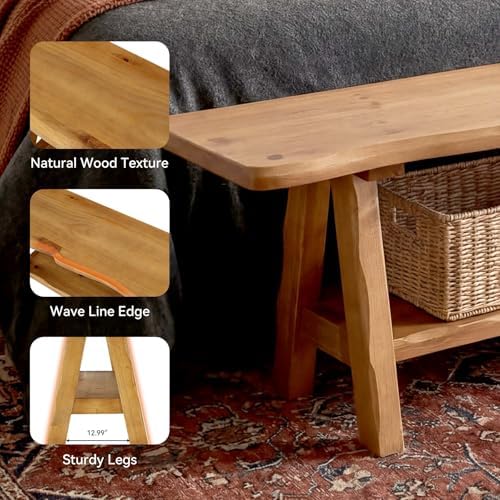 55-Inch Solid Wood Entryway Bench, Farmhouse Long End of Bed Bench with Live-...