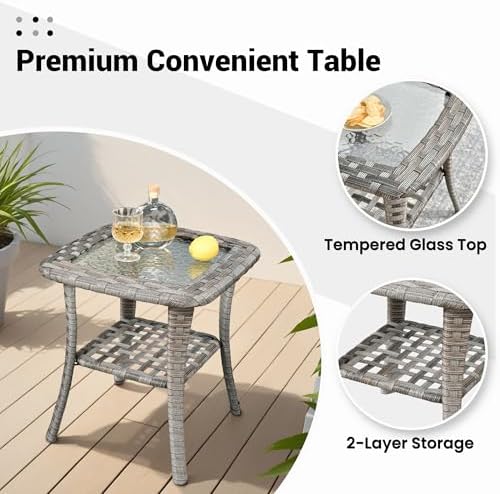 ovios Outdoor Side Table with Tempered Glass Top, Patio Wicker Rattan 2-Tier ...