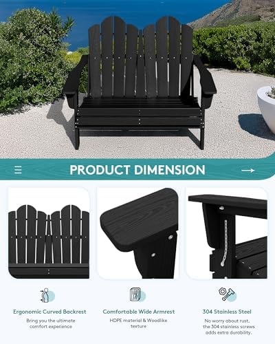 SERWALL Folding Adirondack Bench, HDPE Outdoor Bench, 660lbs Cap, Black