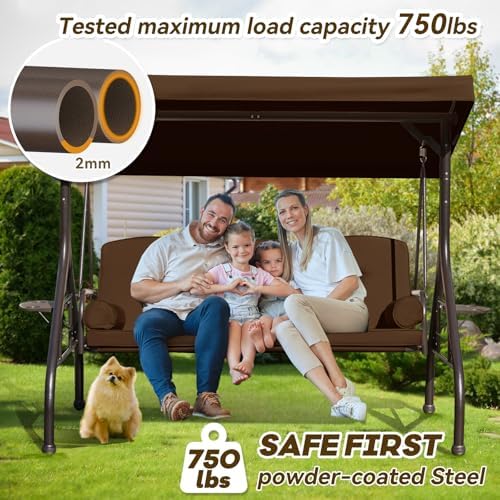 3 in 1 Outdoor Porch Swing with Adjustable Canopy, 3 Seat Outdoor Swing for A...