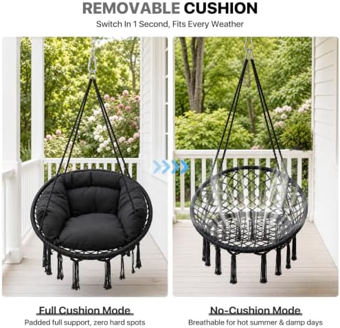 Athena Collection Hammock Chair with Hardware Kit & Cozy Cushion, Black