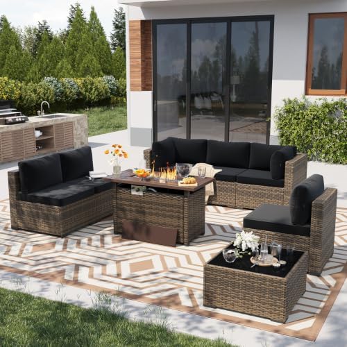LazySunsets 8 Piece Outdoor Patio Furniture Set with 44'' Fire Pit Ta...