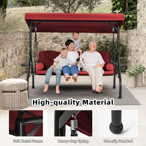 HOMREST 3 Seat Porch Swing with Adjustable Canopy, Patio Swing with Stand