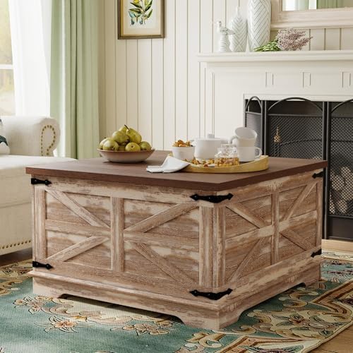 senlin Farmhouse Coffee Table, Heavy-Duty Coffee Table with Storage, Square W...