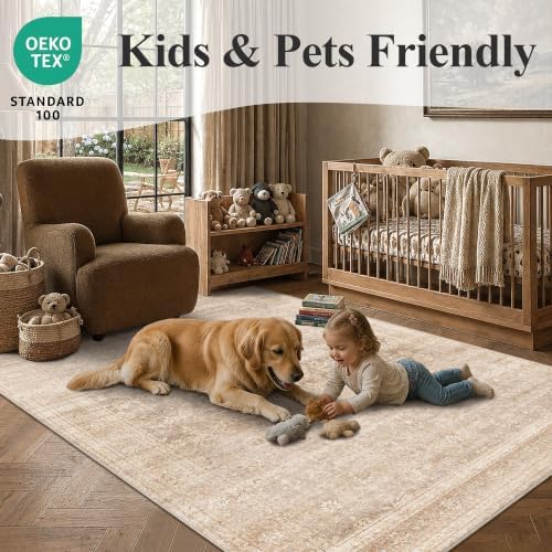 Schweek 8x10 Neutral Area Rug Vintage Washable Rugs for Living Room Beige