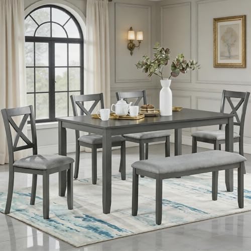 LUMISOL 6-Piece Dining Table Set with Bench, Farmhouse Solid Wood Kitchen Tab...