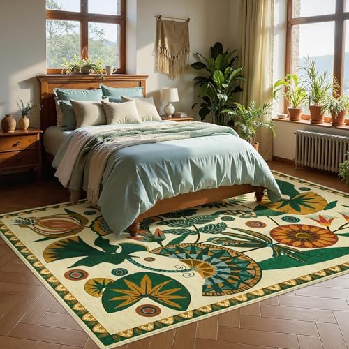 Joydeco Boho Washable Egypt Floral Beige 5x7 Area Rugs for Living Room