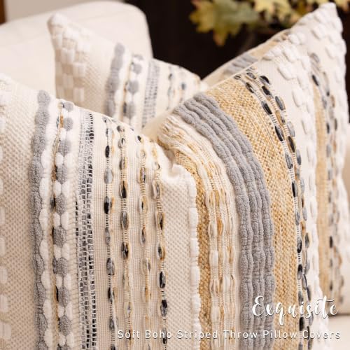 Boho Chenille Tufted Throw Pillow Covers 18x18 Inch Set of 2 Farmhouse Beige ...