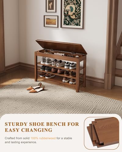 IUNVR Shoe Rack Bench Seat Rubberwood 3-Tier Wooden Storage Bench 550lbs Comp...