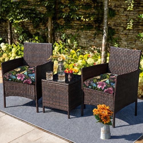 Indoor/Outdoor Tufted Seat Cushions, 19x19x5 Inch-Black Flower Butterfly