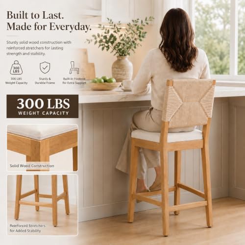Boho Bar Stools Set of 6, Natural Wood Counter Height Stools, Beige Upholster...