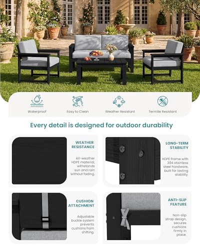 SERWALL 5 Pieces HDPE Outdoor Conversation Sofa Set with Cushion