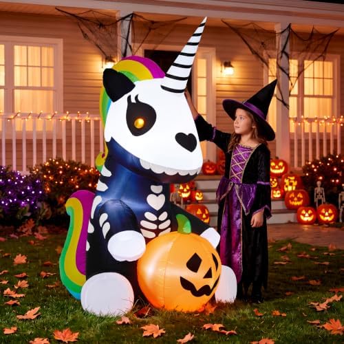 Joiedomi 5 FT Halloween Inflatable Sitting Skeleton Unicorn with LED Lights, ...