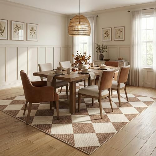 GarveeHome Brown Area Rugs 8x10 Modern Living Room Checkered Washable Rug