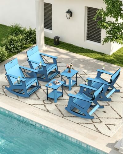 Ciokea Outdoor Rocking Chair with Pull-Out Footrest, Solid Backrest, Blue