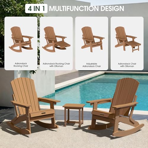 4-in-1 Adirondack Rocking Chair Set of 2, HDPE, Footrest, Teak