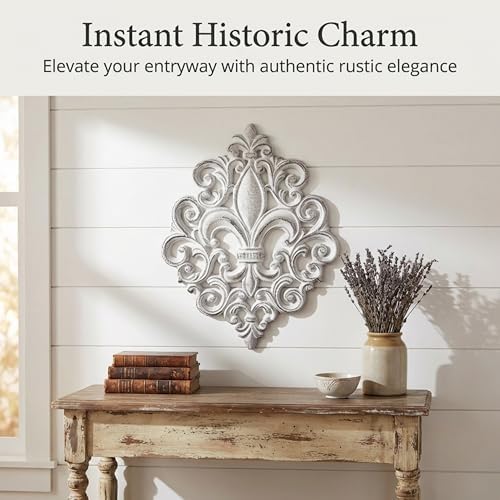 Lulu Decor, Cast Iron 14" Fleur De Lis Decoration Plaque (Antique White)