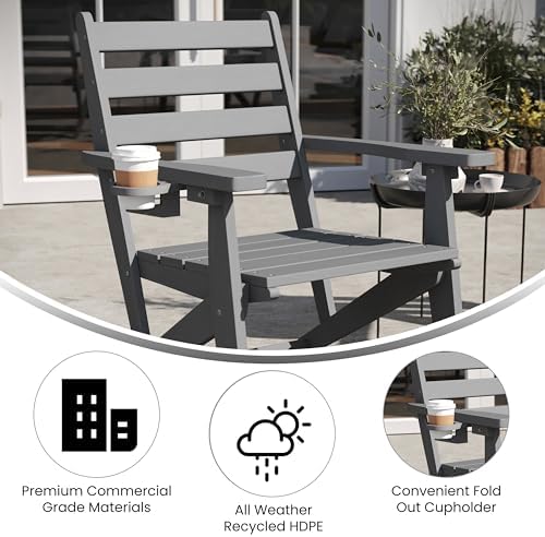 Flash Furniture HDPE Adirondack Dining Chair with Cup Holder, Gray