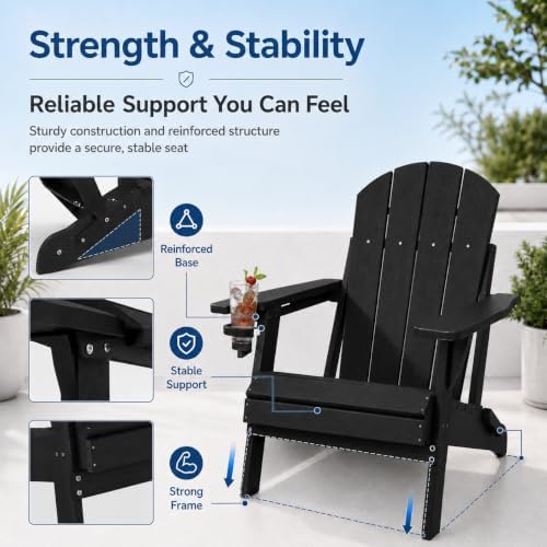 Folding Adirondack Chairs Set of 6 with Cup Holders, Heavy Duty HDPE Plastic ...