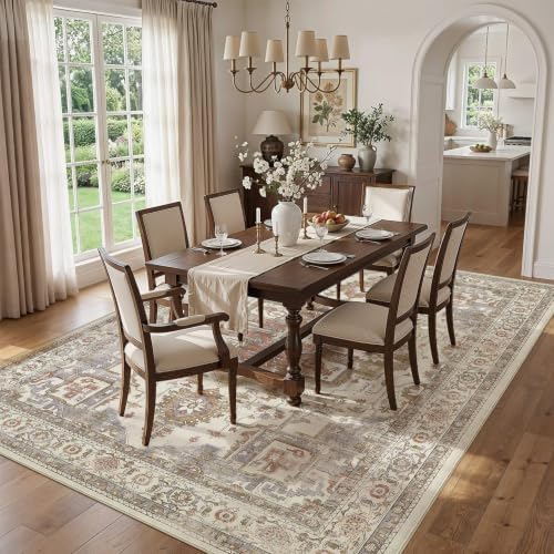 Vintage Washable 9x12 Area Rug for Living Room, Golden Taupe