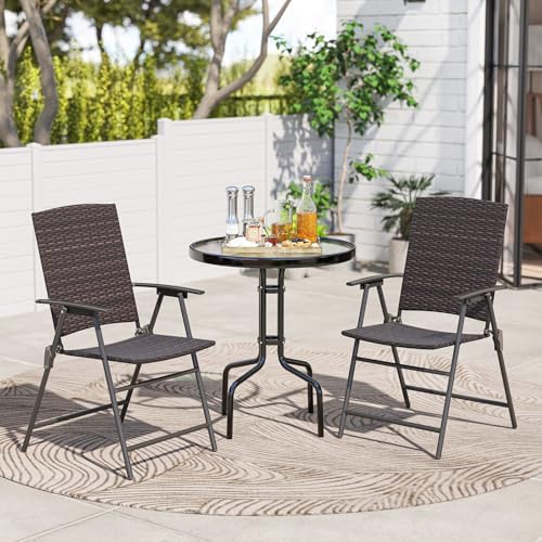 Tangkula Outdoor Folding Chairs Set of 2, Patio PE Wicker Dining Chairs with ...