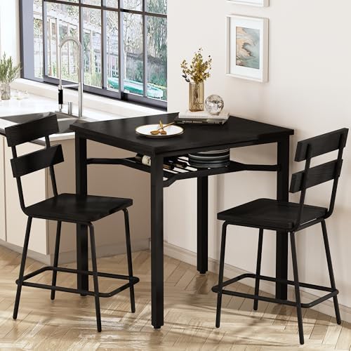 Hooseng 3 Piece Bar Table and Chairs Set, Counter Height Small Dining Table w...