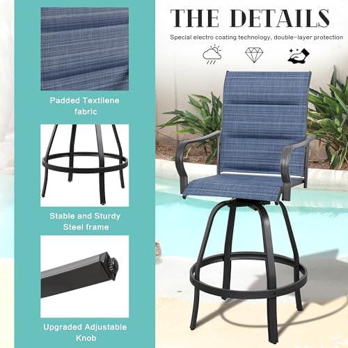 Vongrasig 2 Piece Outdoor Patio Swivel Bar Chairs, All Weather Padded Sling T...