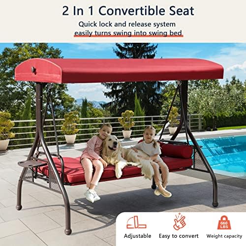 NOBLEMOOD 3-Seat Patio Porch Swing with Adjustable Canopy & Side Trays