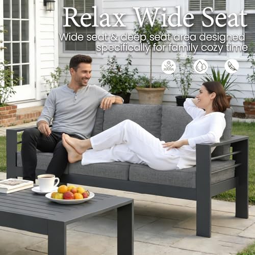 LayinSun Aluminum Furniture Set with Fire Pit Table, 4 Pieces Patio Sectional...