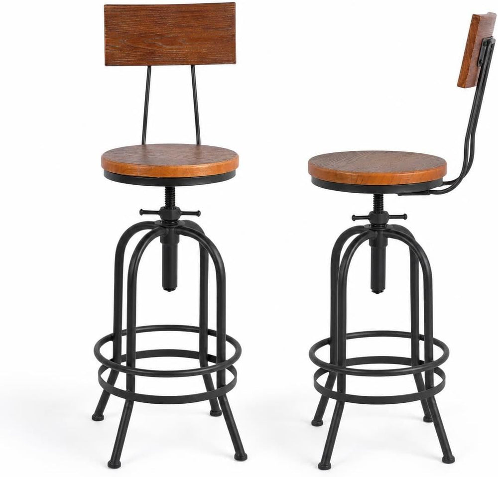 Set of 2-Industrial Bar Stools with Backrest-Swivel Wood Seat-Bar Counter Hei...