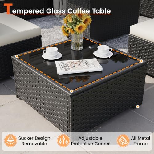 8 Piece Patio Furniture Set with 43" Fire Pit Table, White/Black