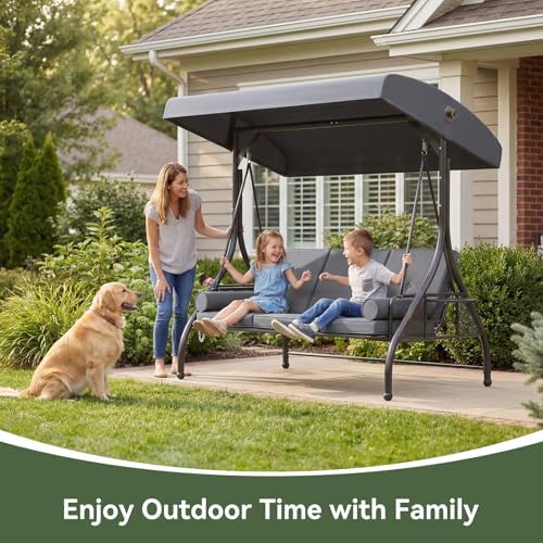Aoxun Outdoor Porch Swing with Stand and Canopy, 3 Seats Outdoor Swings for A...