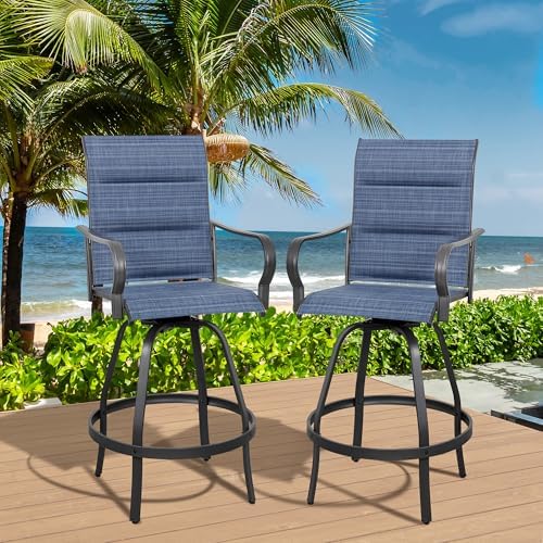 Vongrasig 2 Piece Outdoor Patio Swivel Bar Chairs, All Weather Padded Sling T...