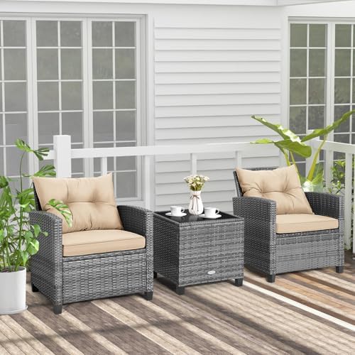 COSTWAY 3PCS Wicker Patio Furniture Set with Cushions for Balcony and Porch