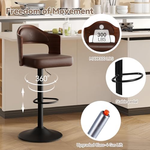 Swivel Bar Stools Set of 4,Bentwood Adjustable Height Barstools