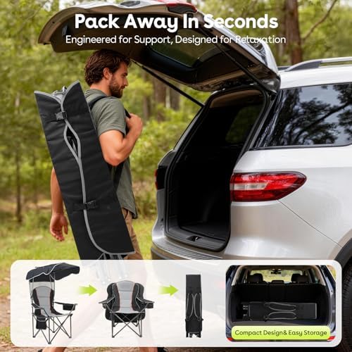 Suteck Camping Chair with Canopy Shade, Folding Outdoor Beach Chairs,Black