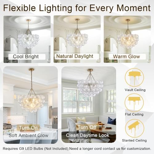 Dia 24" Bubble Chandelier, 5-Light Clear Hand Blown Glass Chandelier Gol...