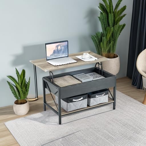 VINGLI 36" Lift Top Coffee Table with Free Cloth Storage Bins, Rustic Fr...