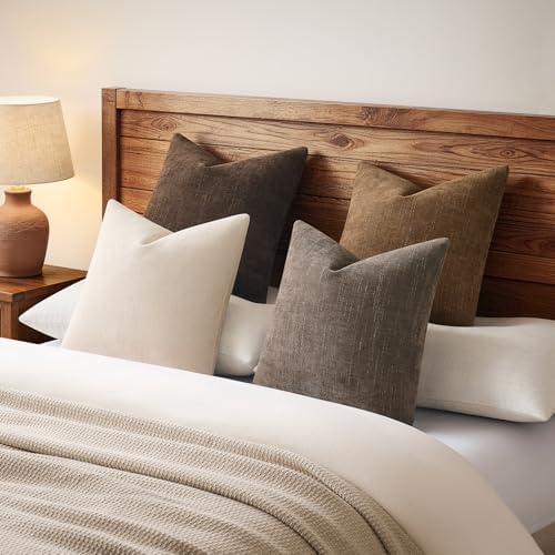 Pack of 4 Throw Pillow Covers 20x20 Inch Chenille Textured Neutral Brown Soft...