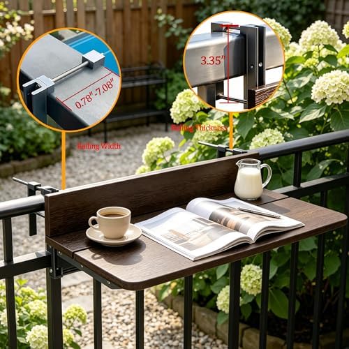 Balcony Bar Table for Railings, Outdoor HDPE Hanging Folding Adjustable Heigh...