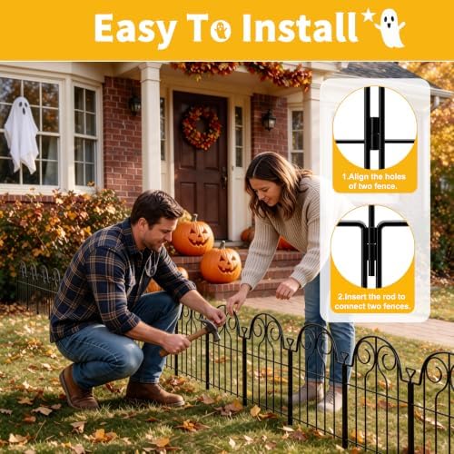 Decorative Garden Fence 17in x 10ft,10 Panels,Metal Halloween Fence Black