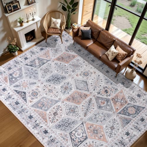 Moroccan Patchwork Washable Area Rug 6x9 for Living Room, Ivory Beige