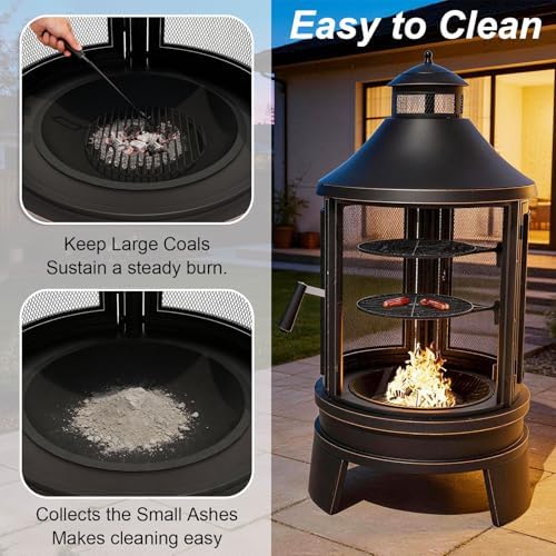 Gotland 2 in 1 Metal Chimenea with Grill, Outdoor Fire Pit with Adjustable Gr...