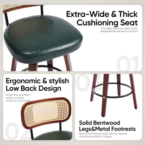 Rattan Bar Stools Set of 2,Upholstered PU Leather, 30''Counter Height...