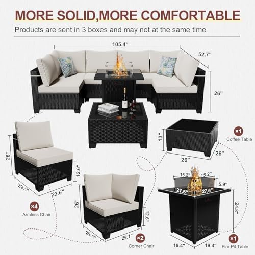 Outdoor Wicker Patio Furniture Set with Fire Pit Table Sectional Sofa Set Con...